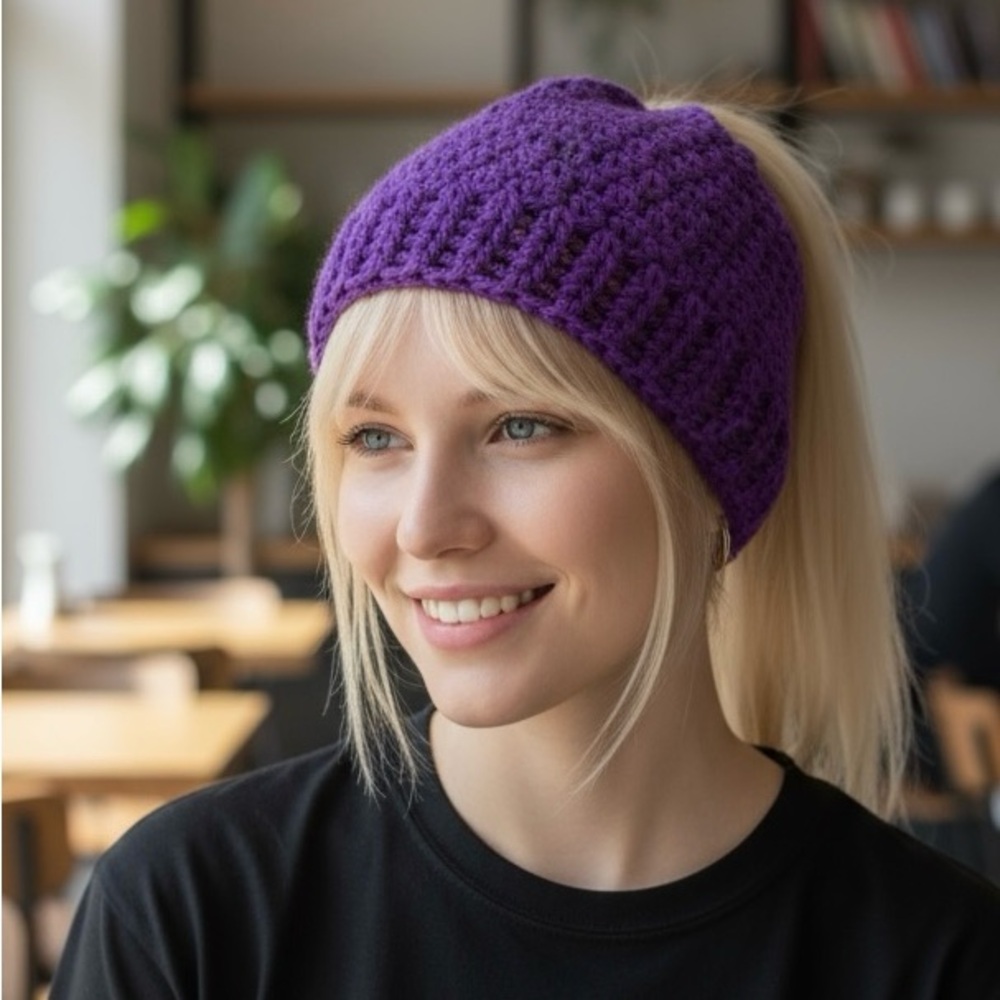 Hat Messy Bun Ponytail Hand Crafted Purple Beanie Crochet Spiral Bow